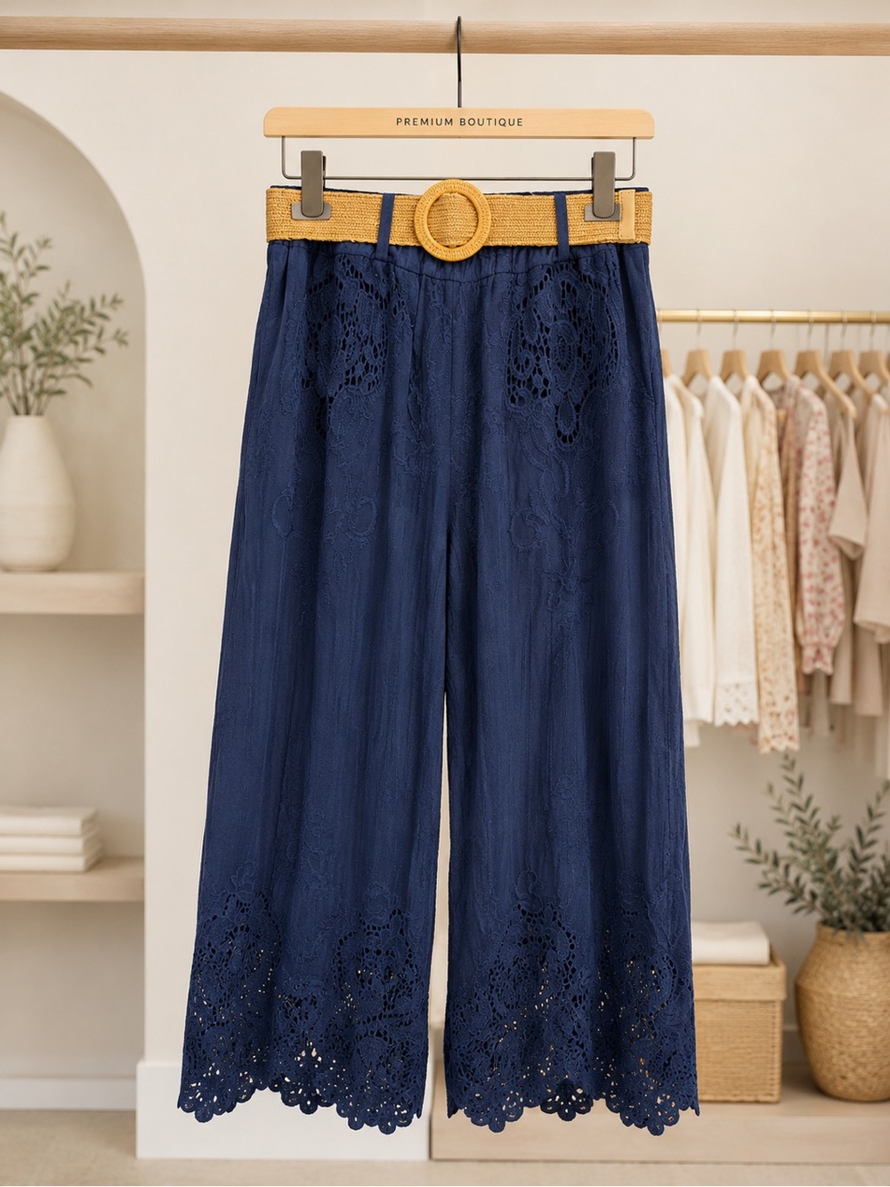 A24. From Italy 🇮🇹 Navy Lace Wide-Leg Pants with Belt